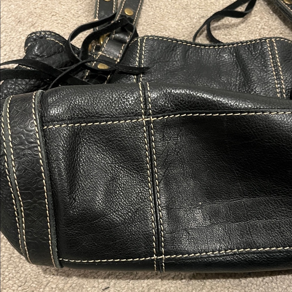 Lucky Brand black leather fringe hobo tooled boho bag vintage inspired - Picture 10 of 11